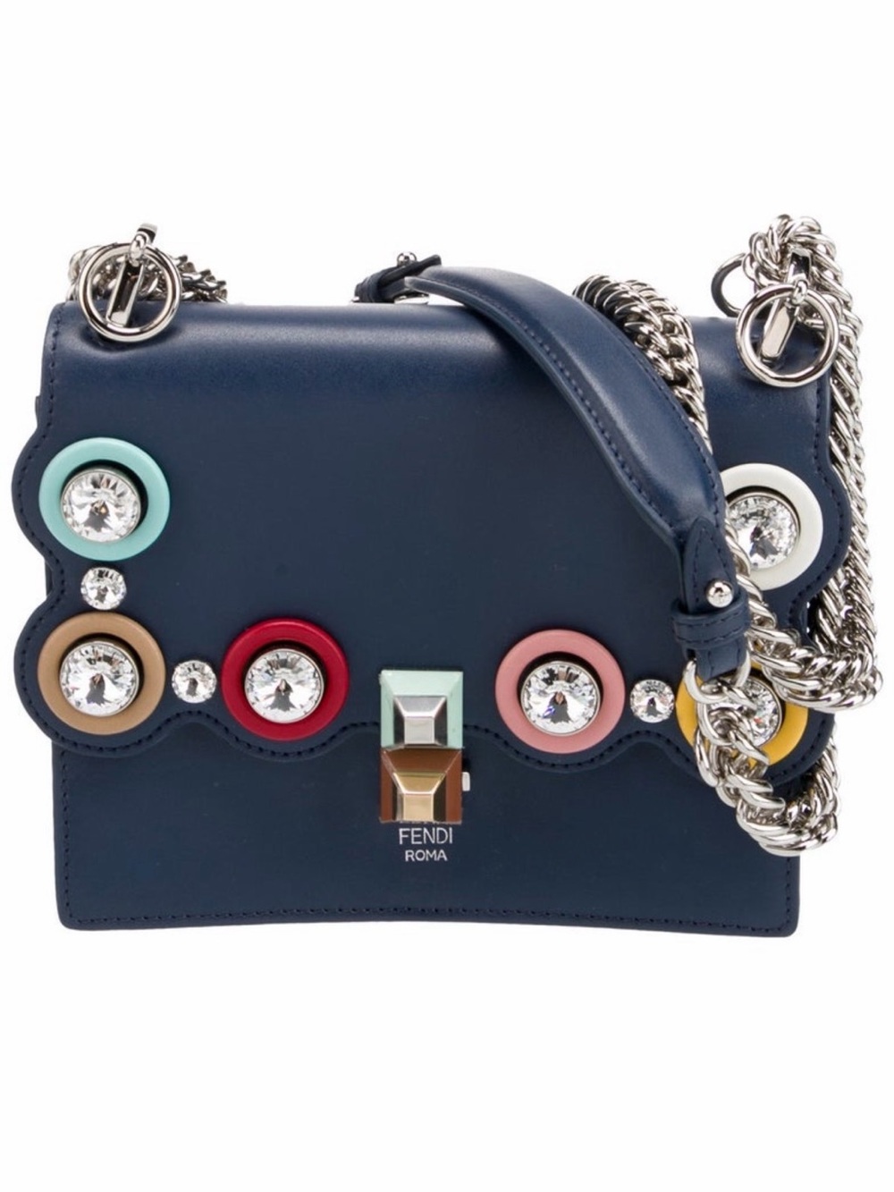 Fendi Navy Leather Crossbody with Multicolor Crystal Ring Accents